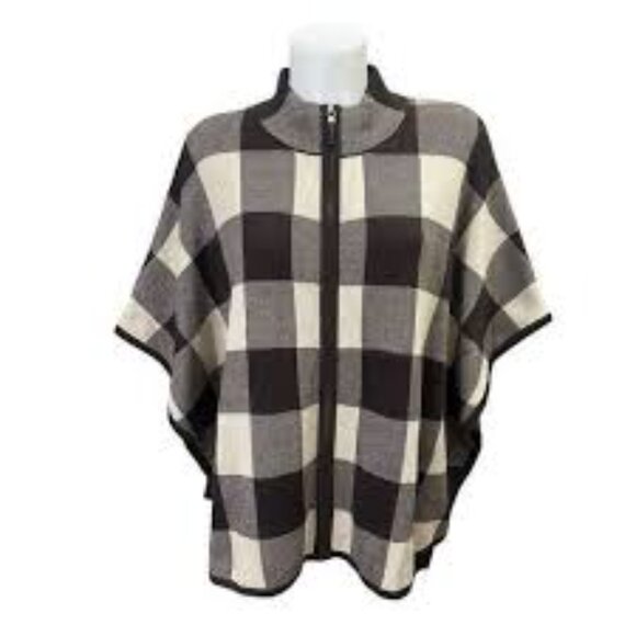 Rafaella Black and Creme Plaid Sweater Poncho Full Zipper Size XL NWOT - Picture 4 of 8